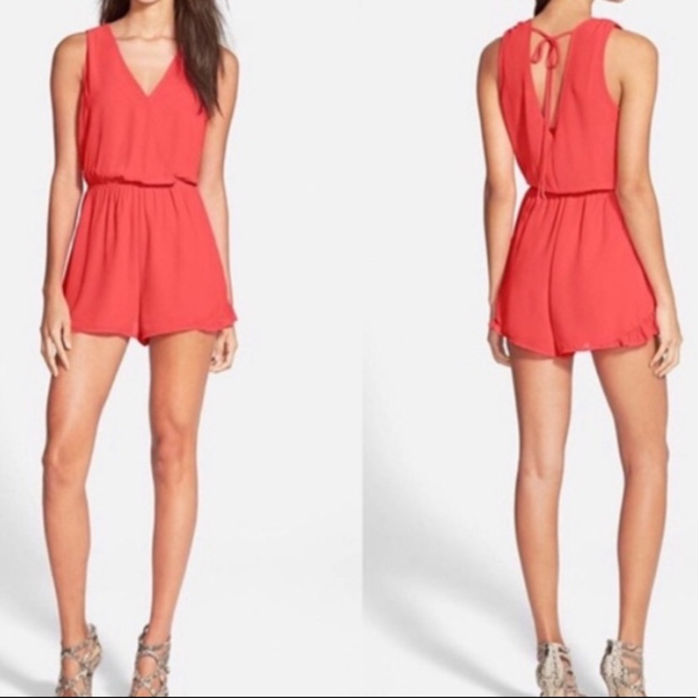Astr the label coral ruffle romper fully lined open back